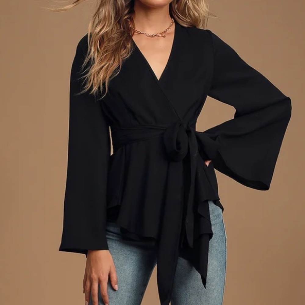 Lulus New Boldness Black Long Sleeve Wrap Top